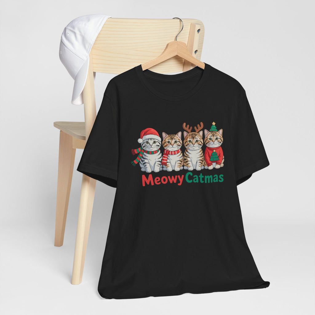 Meowy Catmas Short Sleeve Tee - Festive Cat Christmas T-Shirt