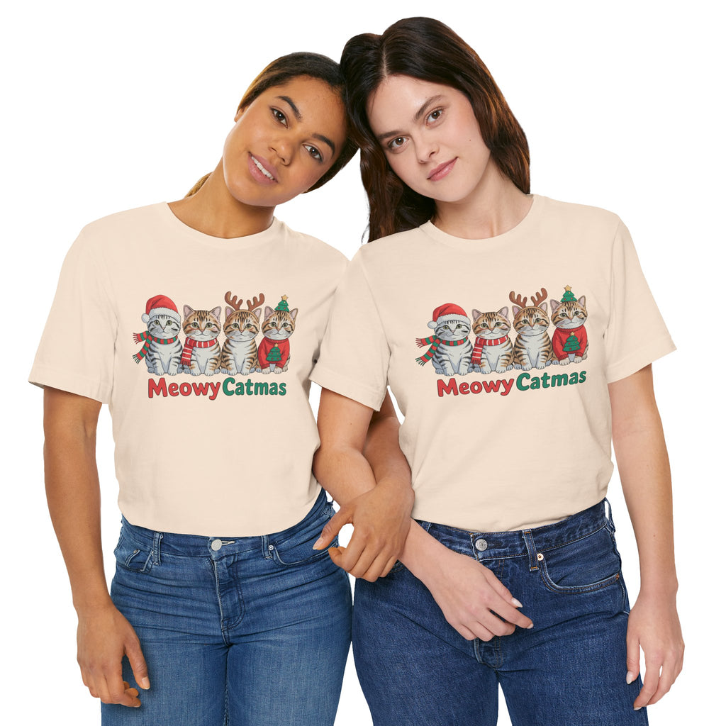 Meowy Catmas Short Sleeve Tee - Festive Cat Christmas T-Shirt