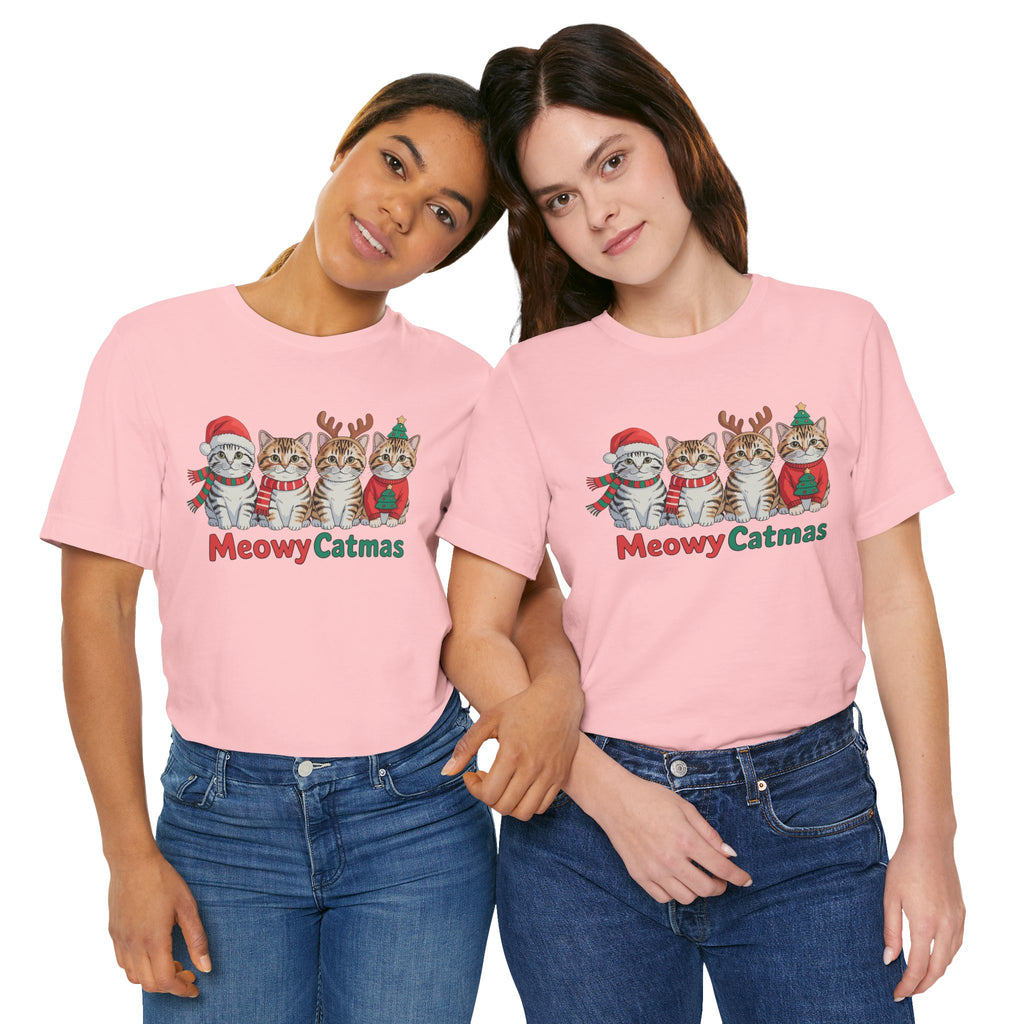 Meowy Catmas Short Sleeve Tee - Festive Cat Christmas T-Shirt