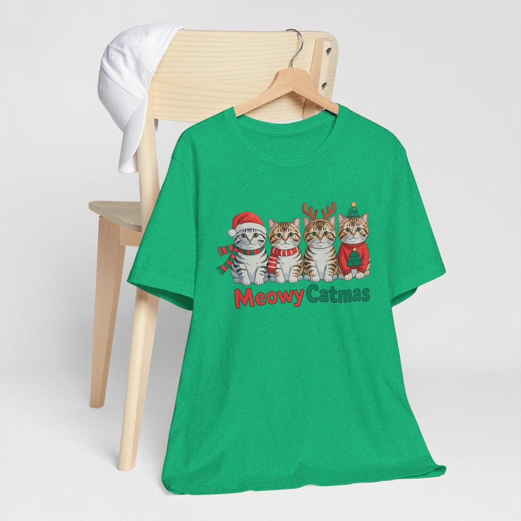 Meowy Catmas Short Sleeve Tee - Festive Cat Christmas T-Shirt