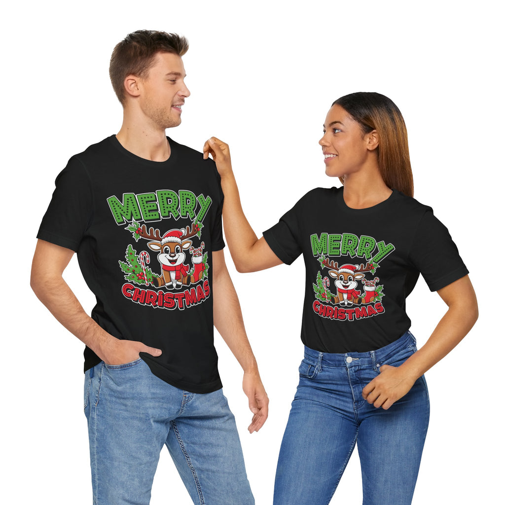 Merry Christmas Reindeer Tee, Festive Holiday Shirt, Unisex Christmas Apparel, Cute Gifts for Him/Her, Holiday Party Outfit