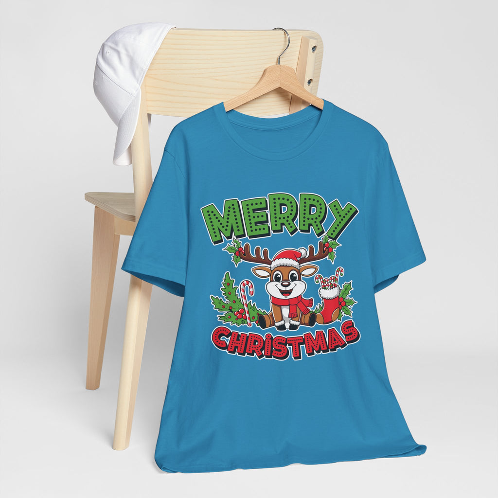 Merry Christmas Reindeer Tee, Festive Holiday Shirt, Unisex Christmas Apparel, Cute Gifts for Him/Her, Holiday Party Outfit