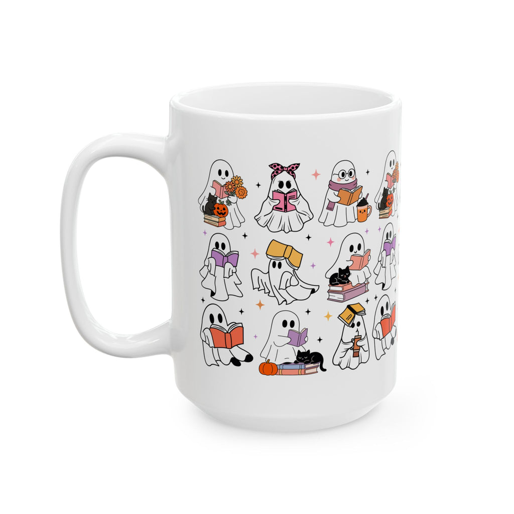 Adorable Ghost-Themed Ceramic Mug for Book Lovers | Halloween Gift, Cozy Home Decor, Cute Coffee Cup, Cat Lover Gift, Reading Mug