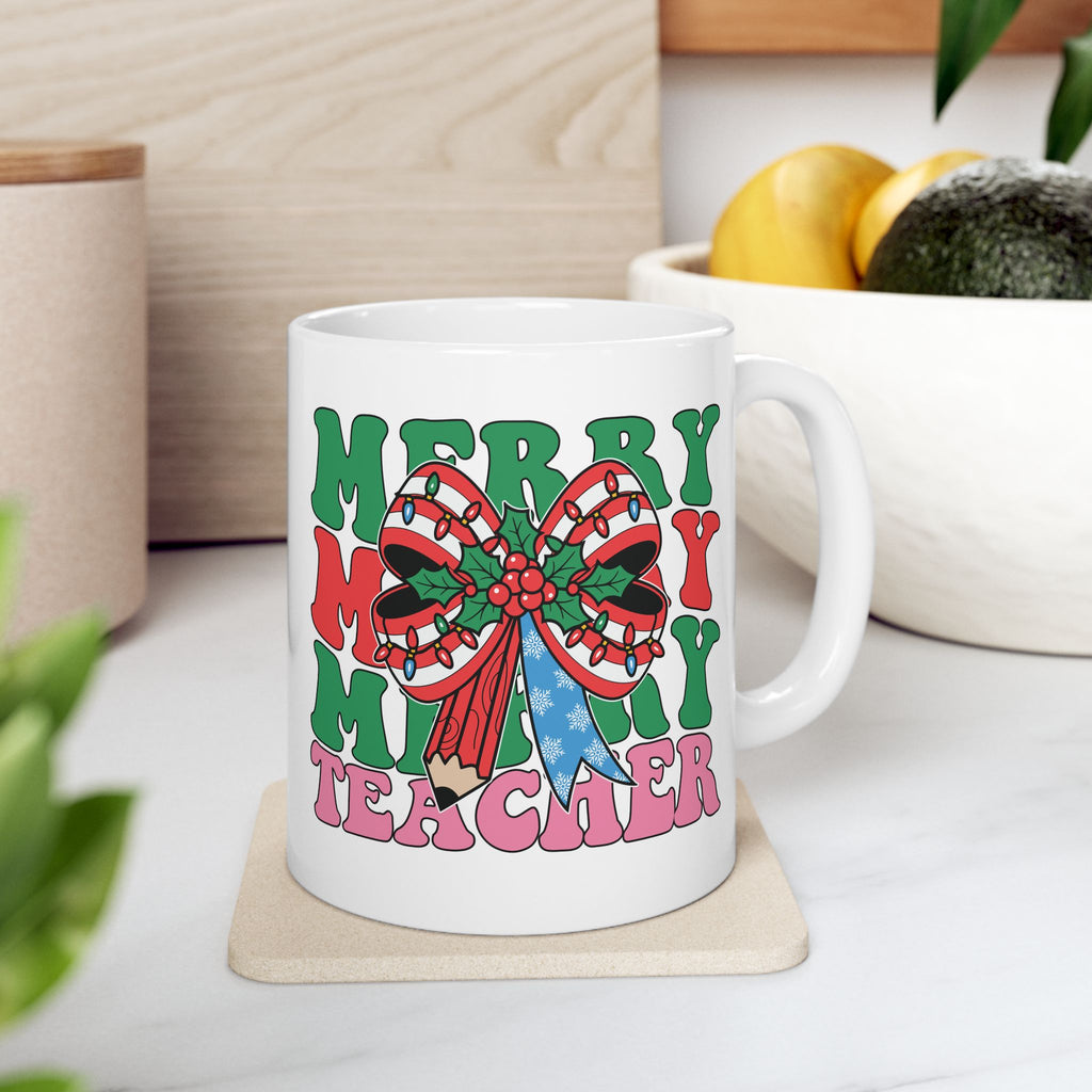 Merry Christmas Teacher Mug – Festive Holiday Coffee Cup Gift