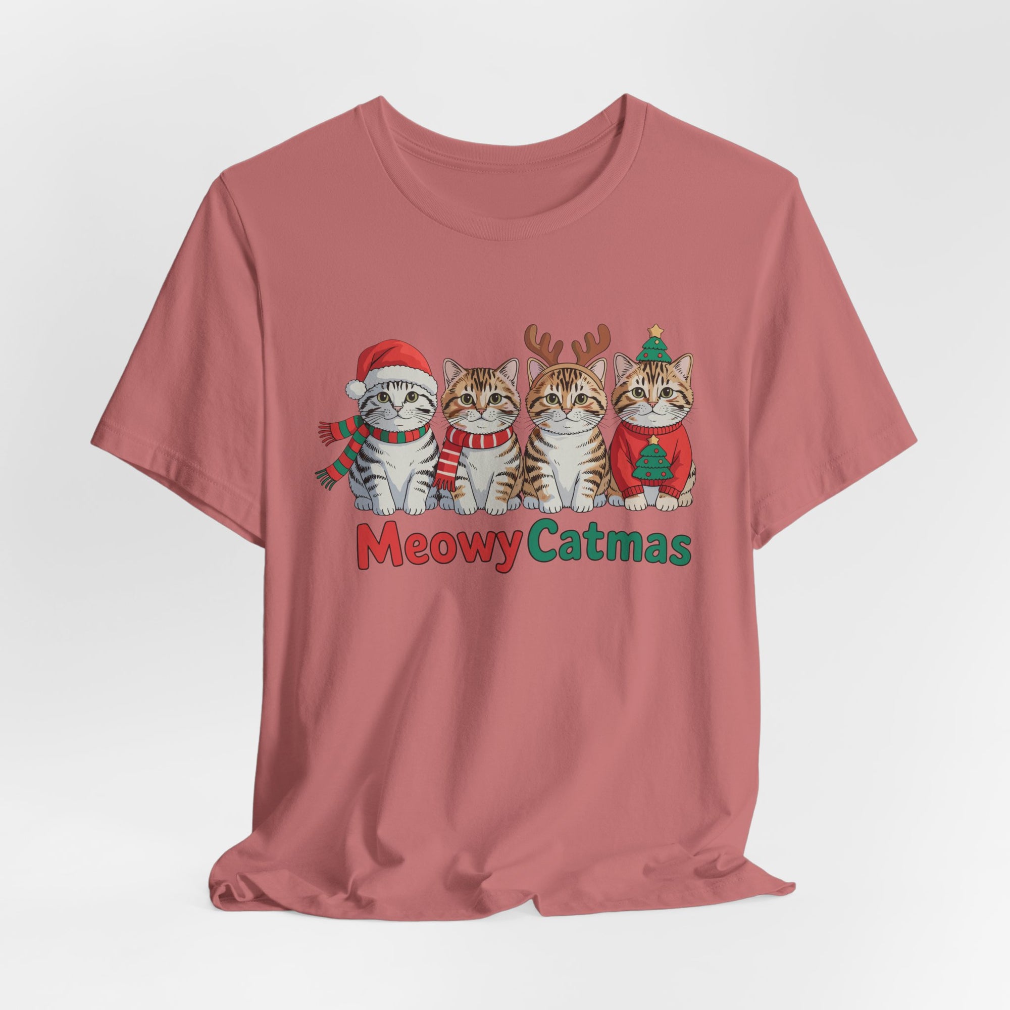 Meowy Catmas Short Sleeve Tee - Festive Cat Christmas T-Shirt