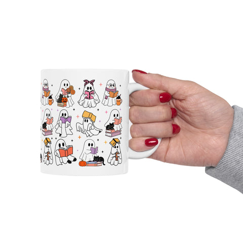Adorable Ghost-Themed Ceramic Mug for Book Lovers | Halloween Gift, Cozy Home Decor, Cute Coffee Cup, Cat Lover Gift, Reading Mug