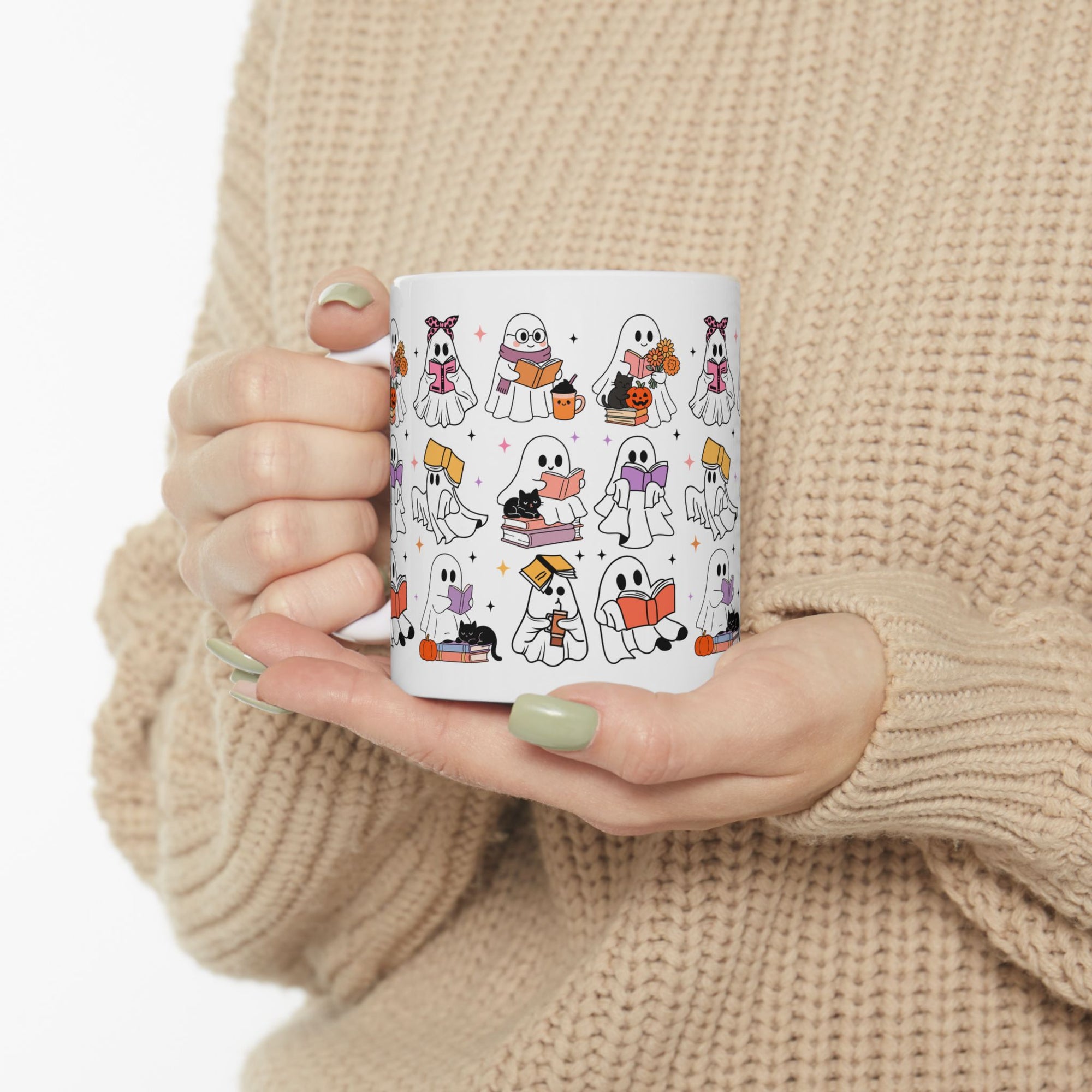 Adorable Ghost-Themed Ceramic Mug for Book Lovers | Halloween Gift, Cozy Home Decor, Cute Coffee Cup, Cat Lover Gift, Reading Mug