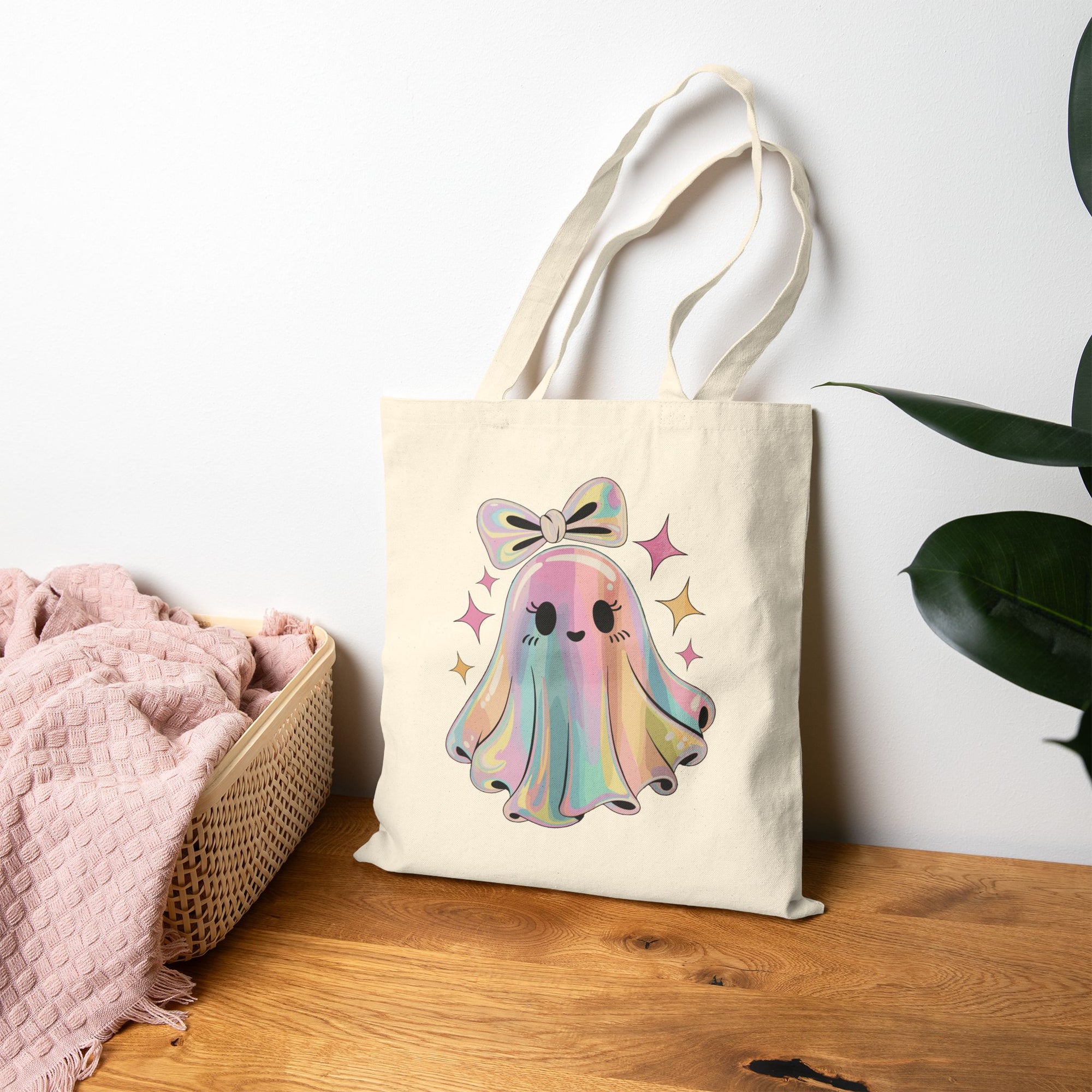 Cute Ghost Tote Bag – Fun Rainbow Halloween Reusable Canvas