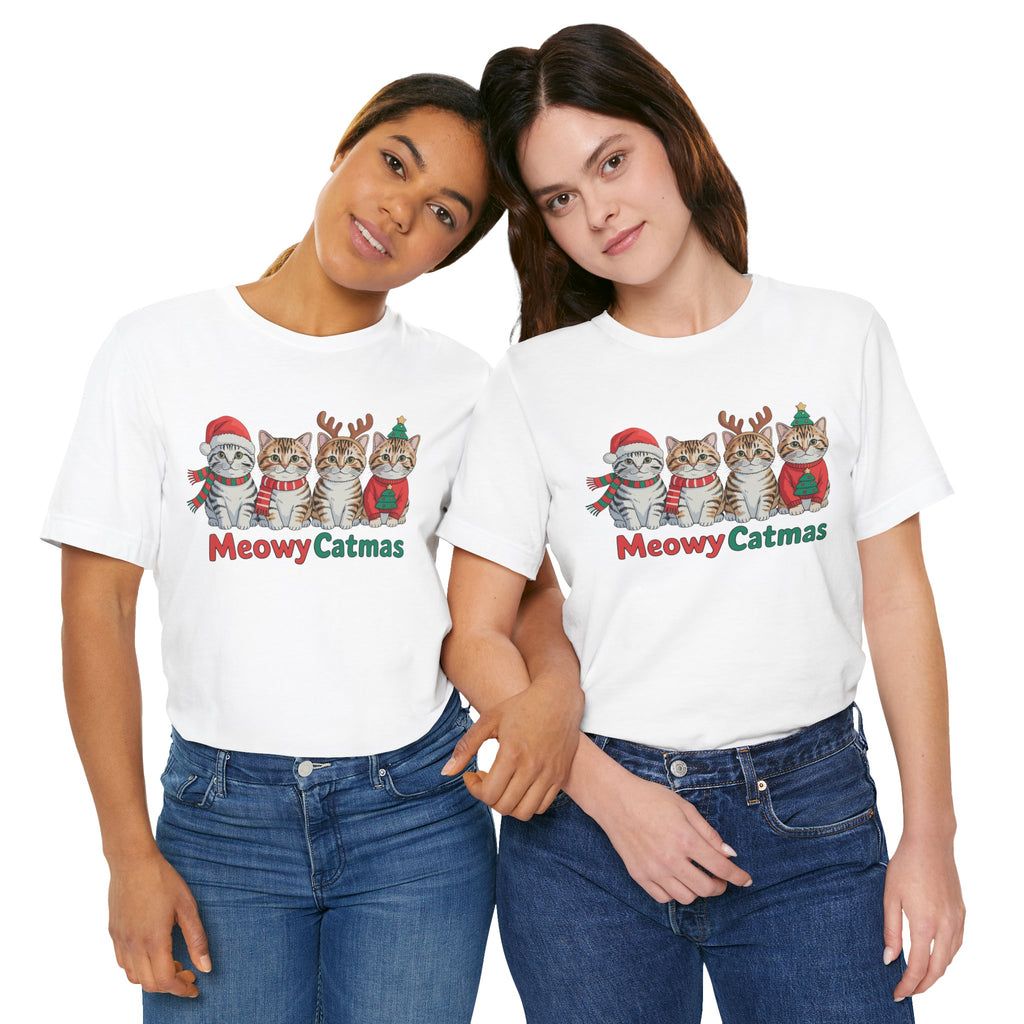 Meowy Catmas Short Sleeve Tee - Festive Cat Christmas T-Shirt